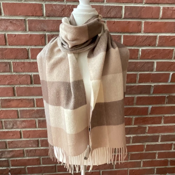 Wamsoft Wool Beige Tan Cream Plaid Fringed Scarf 12”x80”NWT - Picture 3 of 10